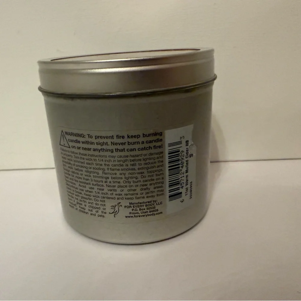 FOR EVERY BODY NEW CANDLE IN TIN HOME BAKED WARM MULLED CIDER SOY USA HOME